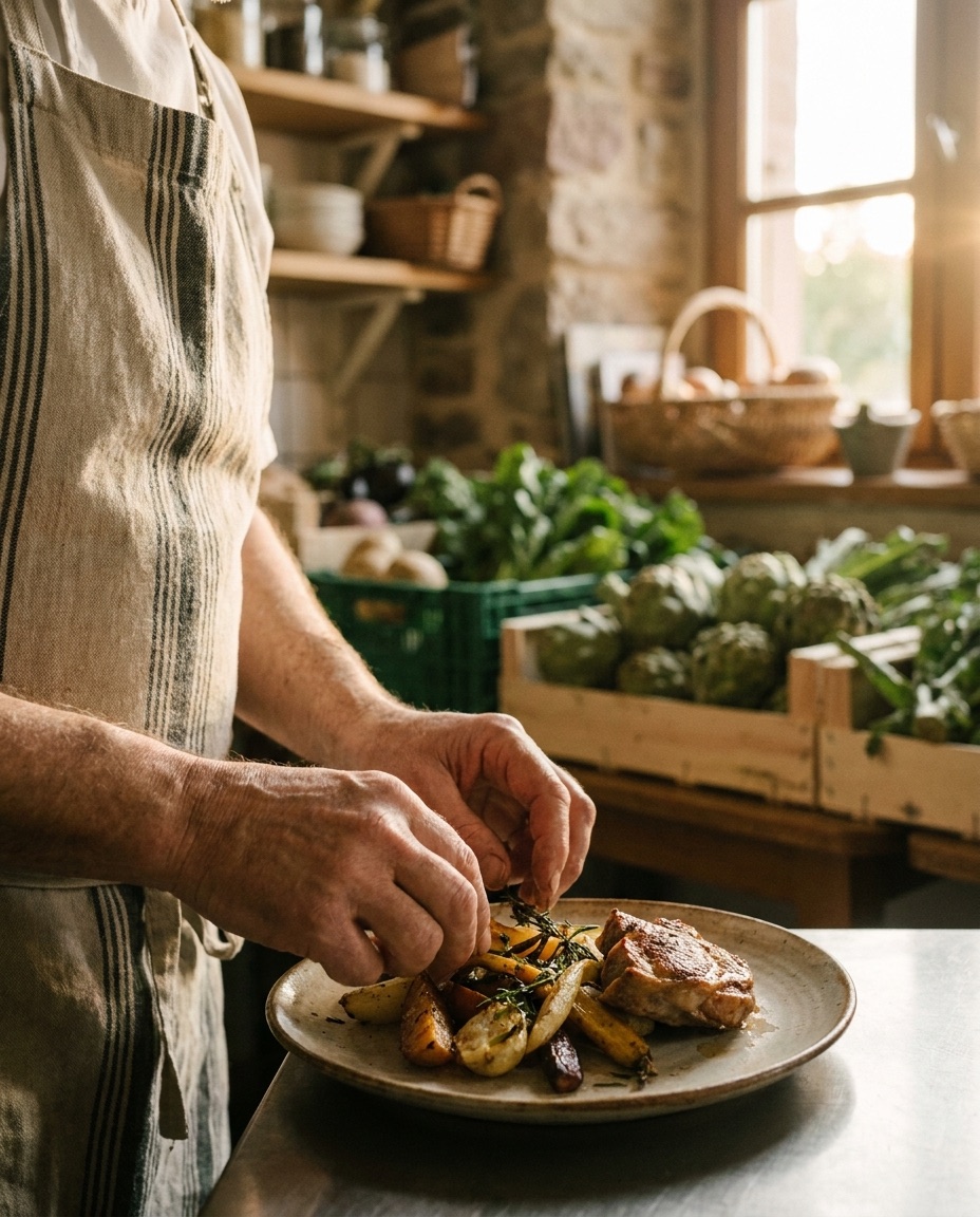 Dressage d’une assiette de saison en cuisine