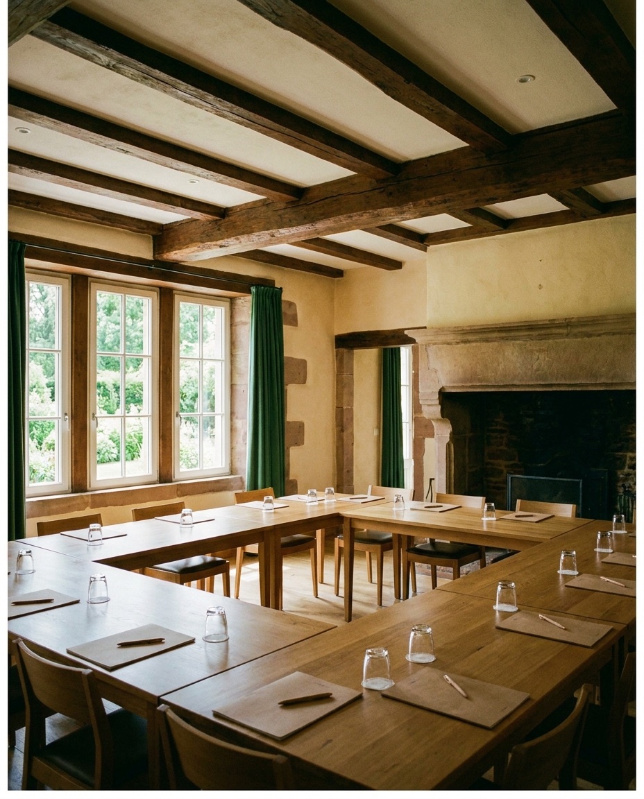 Salle de séminaire en tables en U, lumière du jour
